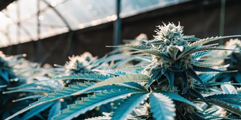 Close-up of a glowing cannabis plant under greenhouse light with trichomes visible.