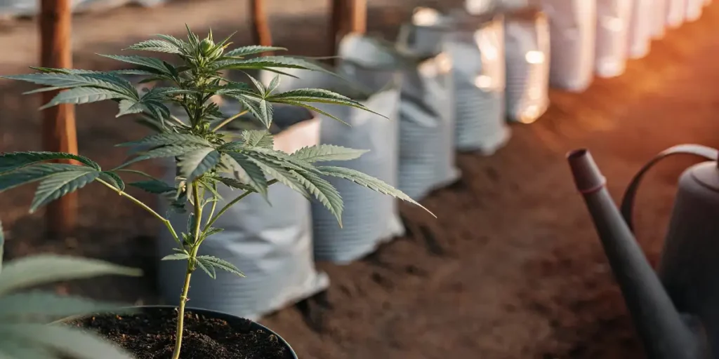 A young cannabis plant growing in a pot beside bagged soil inside a greenhouse.