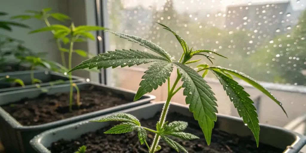 cannabis seedling with water droplets on leaves near window