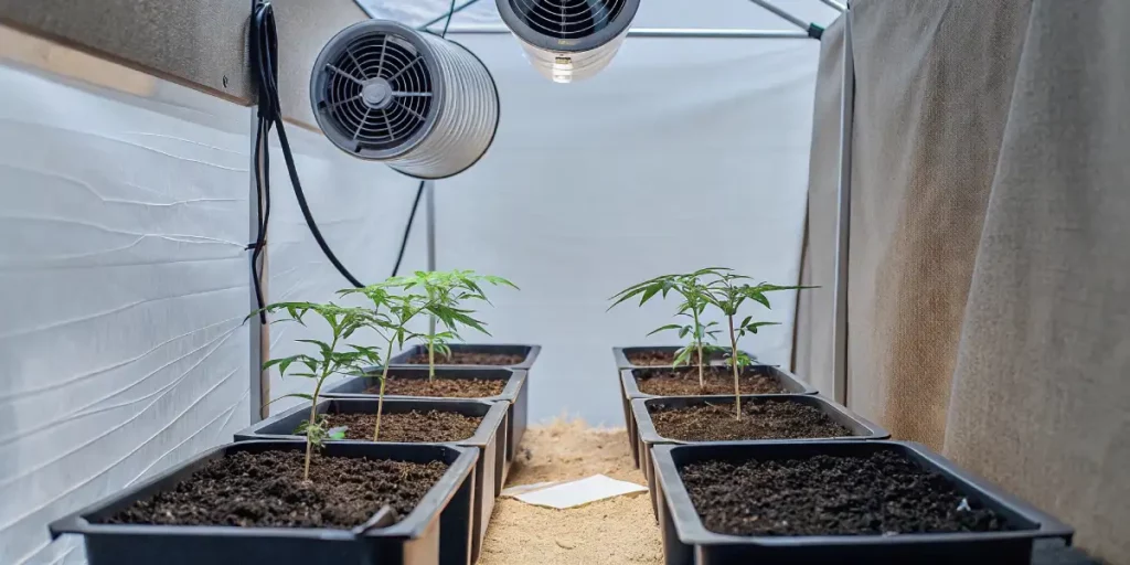 Outdoor cannabis plant in full budding stage with visible trichomes and dense colas.