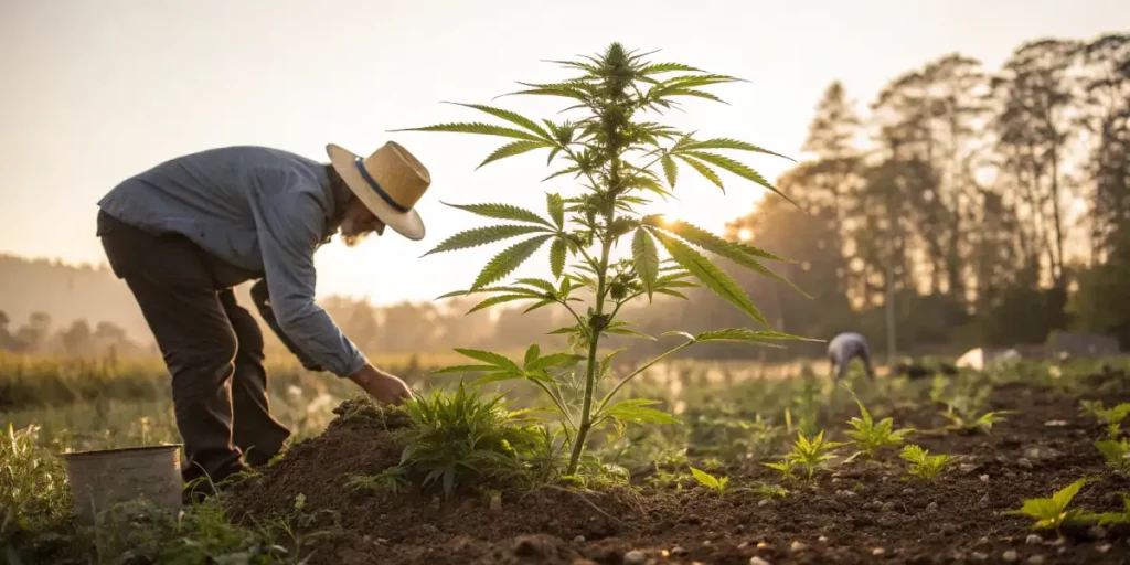 Farmer tending to a cannabis plant in a field at sunrise.