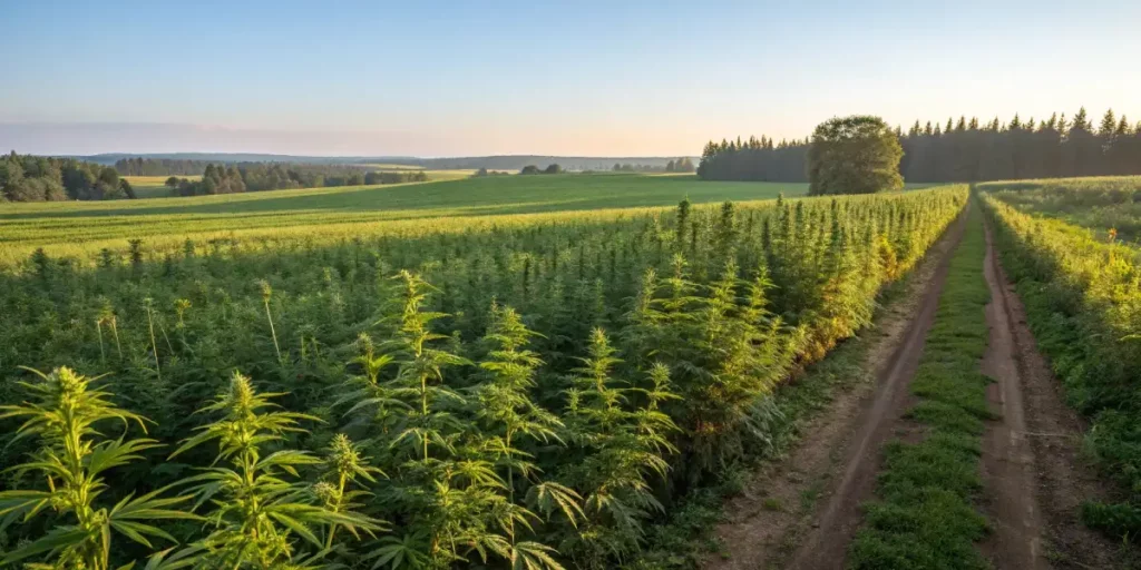 A wide field of cannabis plants thriving in full summer sun.