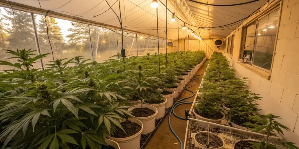 Rows of cannabis plants in white pots inside a greenhouse with grow lights