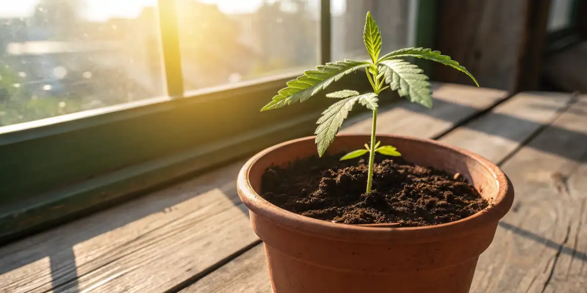 cannabis seedling growing in a small pot under sunlight by a window