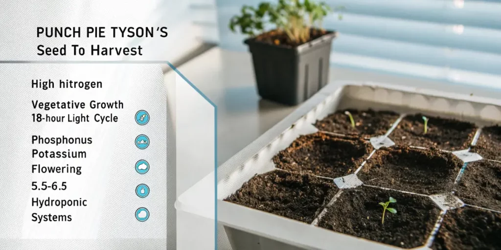 Seedling tray with young cannabis sprouts on a table, bathed in filtered natural light.
