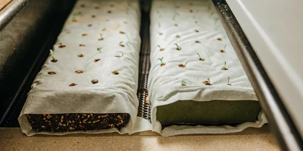 Tiny cannabis seedlings sprouting through paper towel covers in germination blocks.
