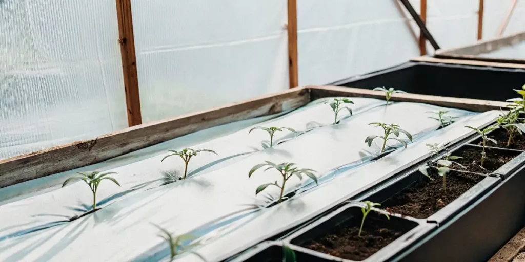 young cannabis plants growing in covered hydroponic trays