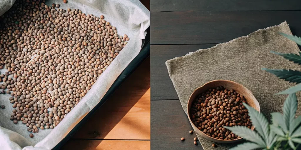 Dry cannabis seeds arranged on parchment paper in a black tray, placed under natural light.
