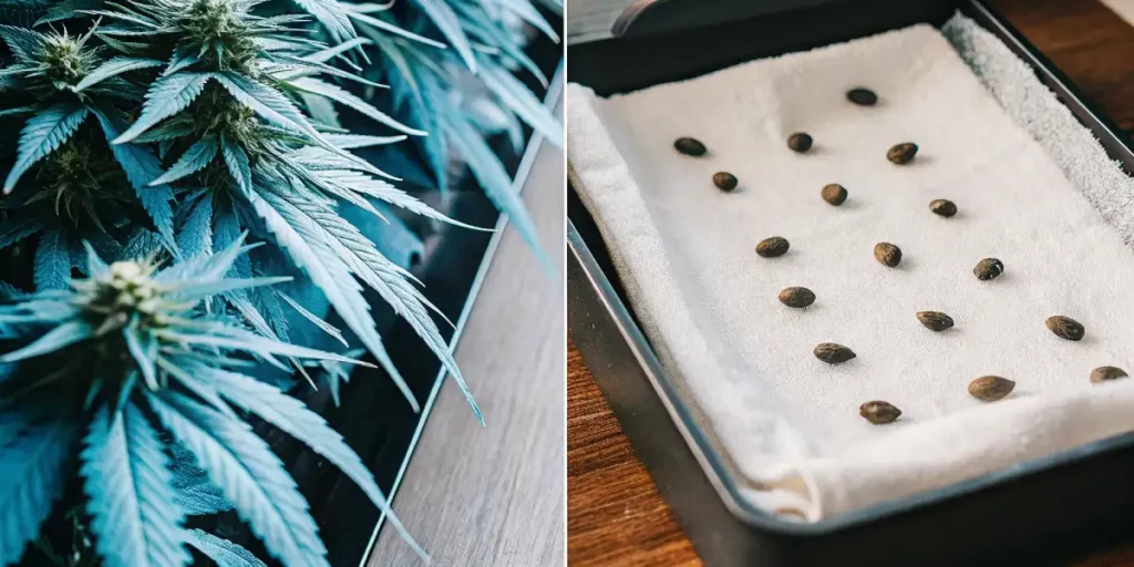 Wooden bowl filled with cannabis seeds resting on a textured cloth atop a dark wooden surface.
