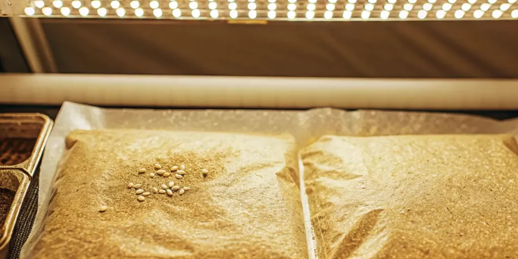 cannabis seeds placed on a germination pad under LED lighting
