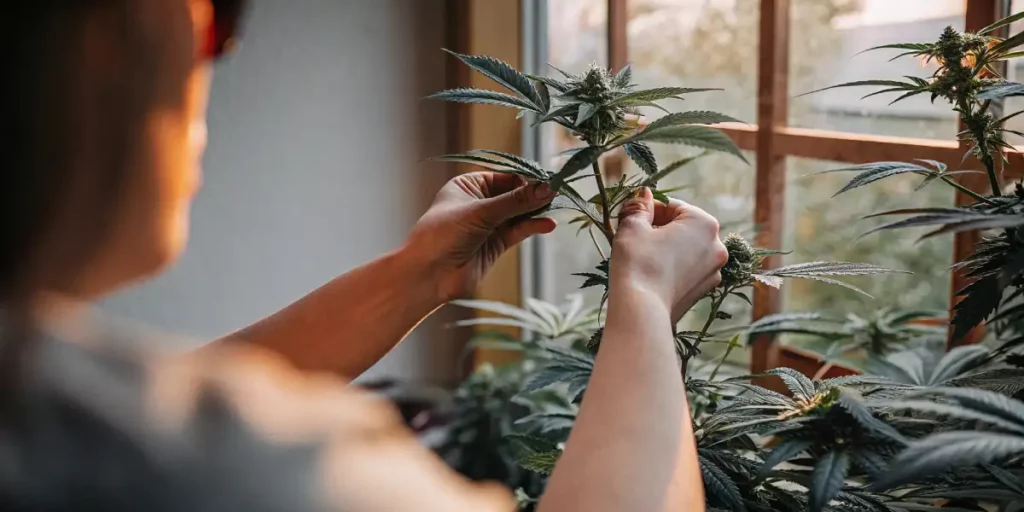 A pile of cannabis seeds scattered on a wooden table next to a cannabis leaf inside a greenhouse bathed in sunlight.