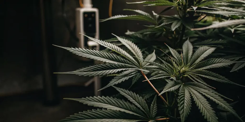 Close-up of cannabis plant leaves in the vegetative stage inside an indoor grow room