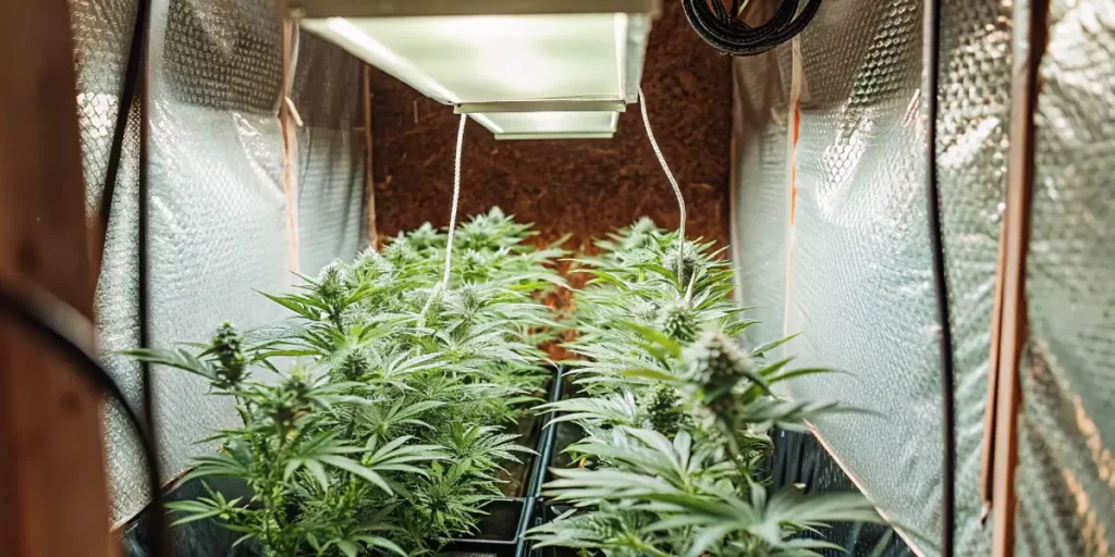 Close-up of a cannabis plant growing in a greenhouse, with sunlight filtering through the glass roof, highlighting the vibrant buds