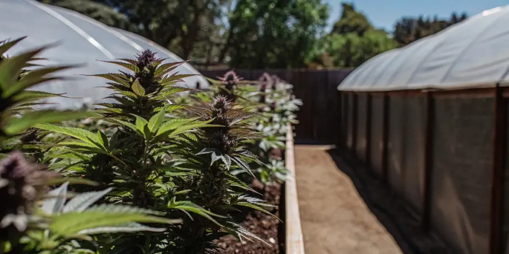 close-up of cannabis bud with orange hairs and purple leaves