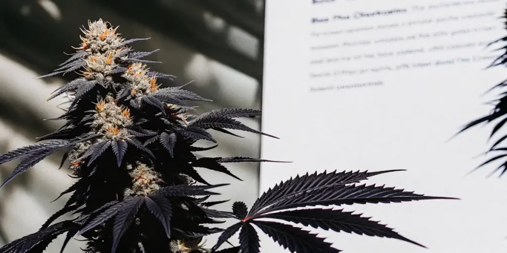Mature dark cannabis bud with orange pistils and rich trichomes in sharp focus.