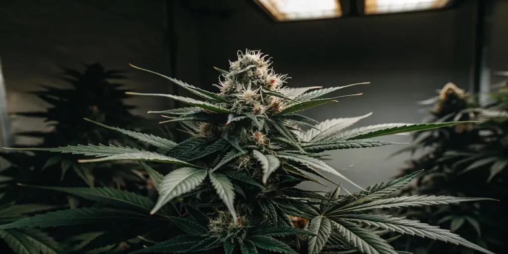 dark green cannabis buds in an LED-lit indoor grow room