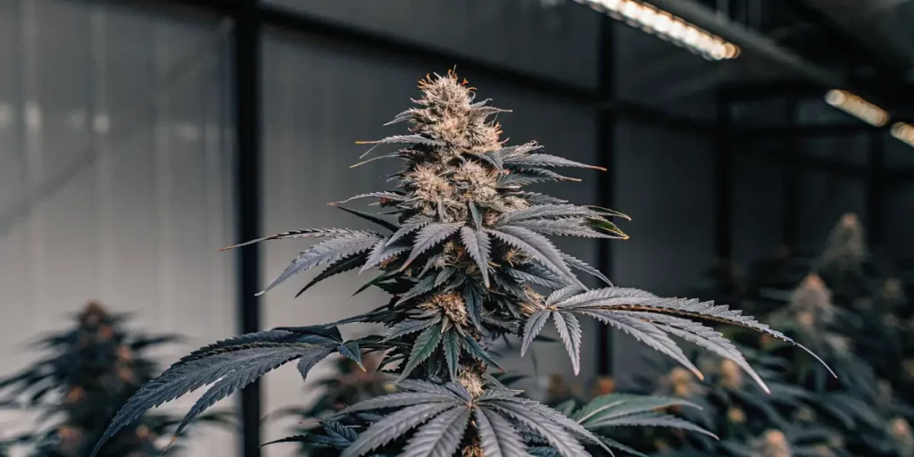 Rows of lush cannabis plants fading into the background beneath overhead LED fixtures in a climate-controlled greenhouse.