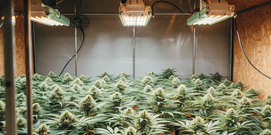 Dense cannabis buds flourishing under LED grow lights in an optimized indoor setup.