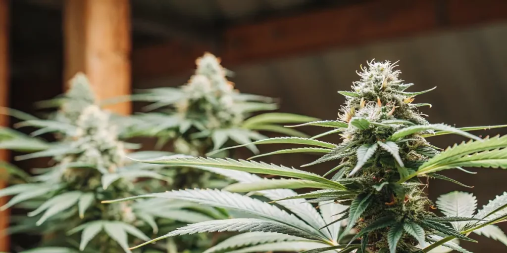 Early vegetative cannabis plants under LED lighting in a reflective grow tent.