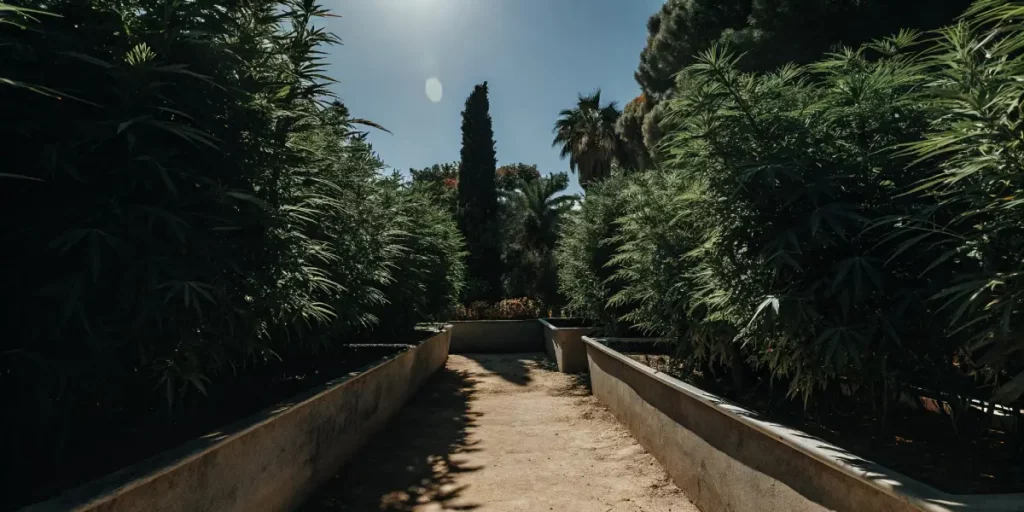 Stone pathway flanked by lush cannabis hedges inside a shaded outdoor enclosure framed by tropical foliage.