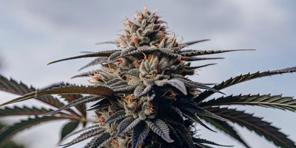 Close-up of a frosty cannabis bud with dense trichomes and purple hues against a cloudy sky background.