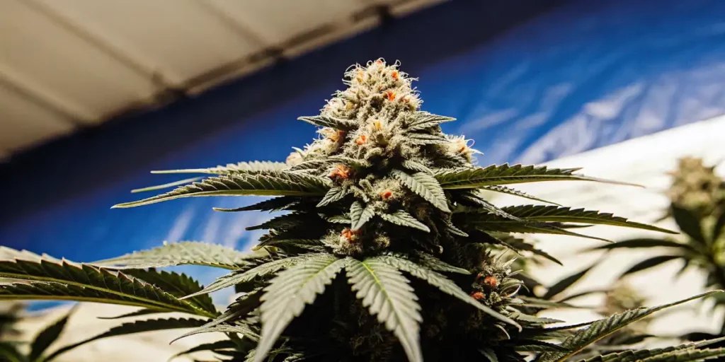 Frosty cannabis bud with trichomes resting on a wooden surface