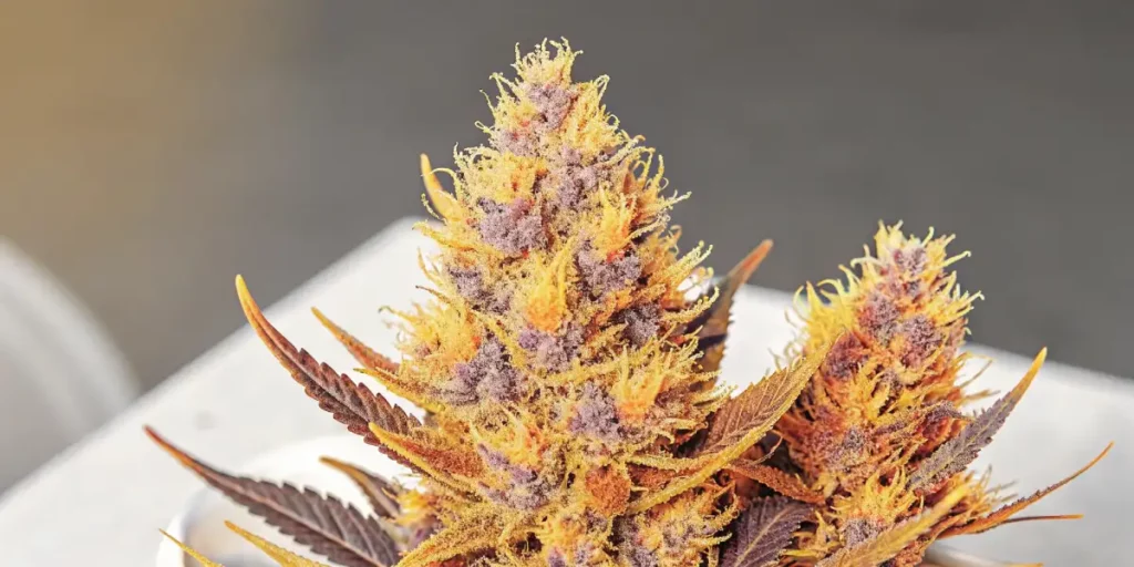 Single frosty cannabis bud resting on a wooden table in natural indoor light.