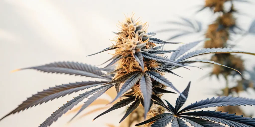 Frosty weed bud featuring orange pistils and dark purple leaves in an indoor setup.