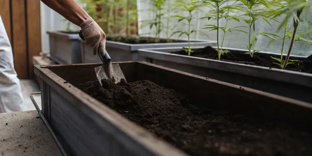 A gardener's gloved hands preparing soil in a planter box with young cannabis seedlings nearby.