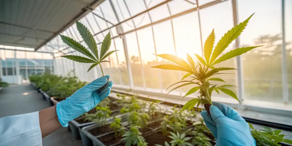 Gloved hands holding a cannabis leaf and a young plant inside a greenhouse.