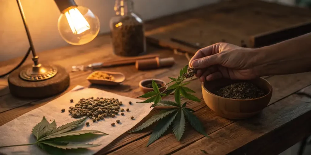 A hand holding cannabis seeds and a bud under warm indoor light, surrounded by dried cannabis and accessories.