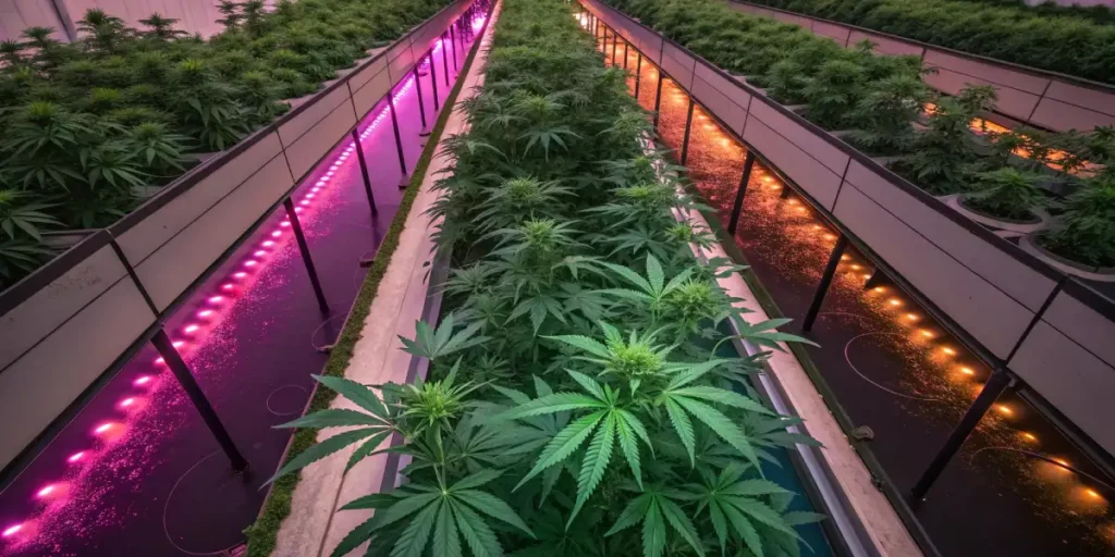 Overhead view of a hydroponic cannabis farm with LED lighting systems.