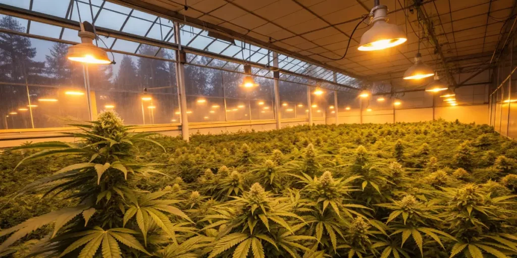 Side angle view of a hydroponic cannabis grow room with artificial lighting.