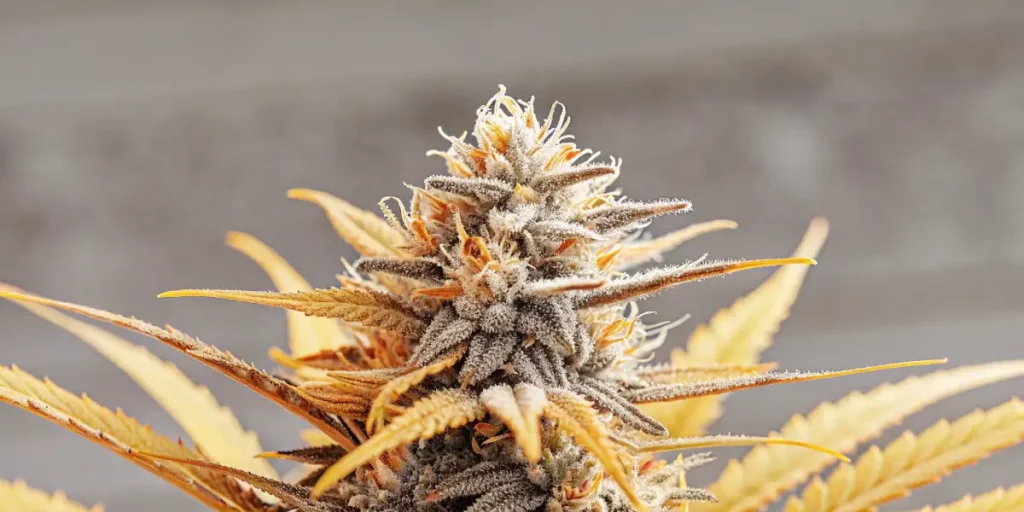 Frosty cannabis cola with dense trichomes and bright orange pistils.