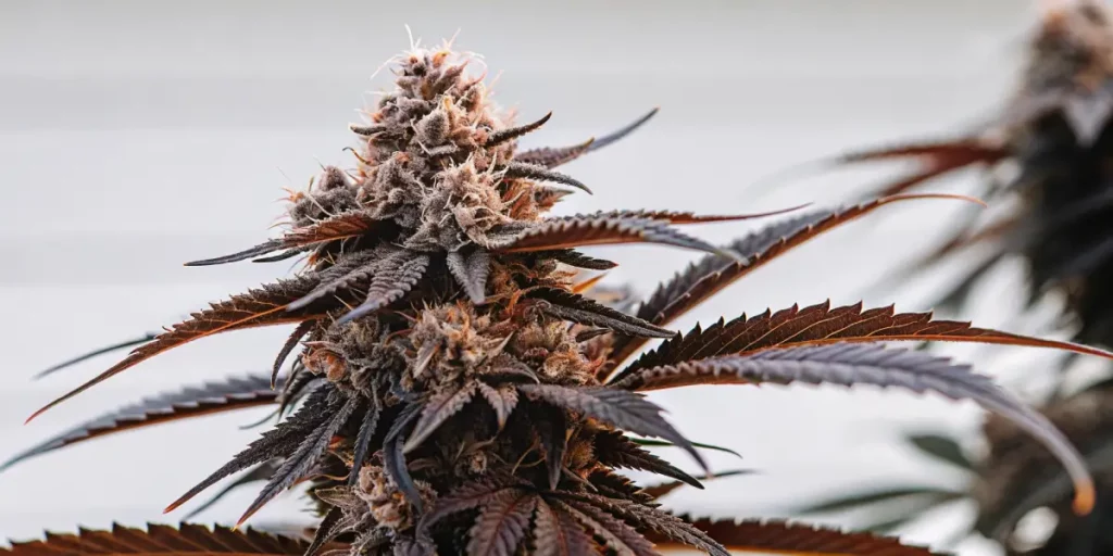 Cannabis bud with purple-tinged leaves and glistening resin heads.