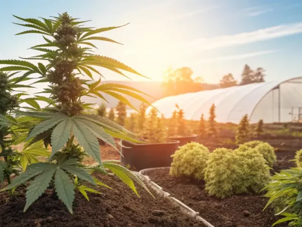 outdoor cannabis plants in pots with greenhouse in background