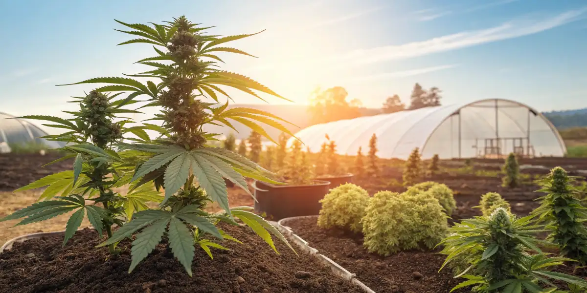 outdoor cannabis plants in pots with greenhouse in background