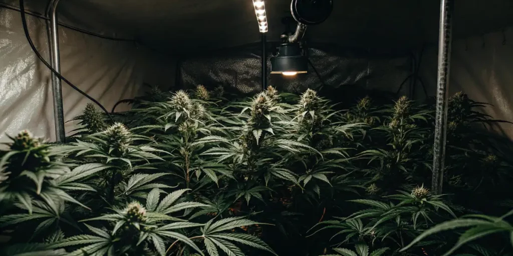 dense indoor cannabis grow setup under artificial lighting inside a reflective grow tent