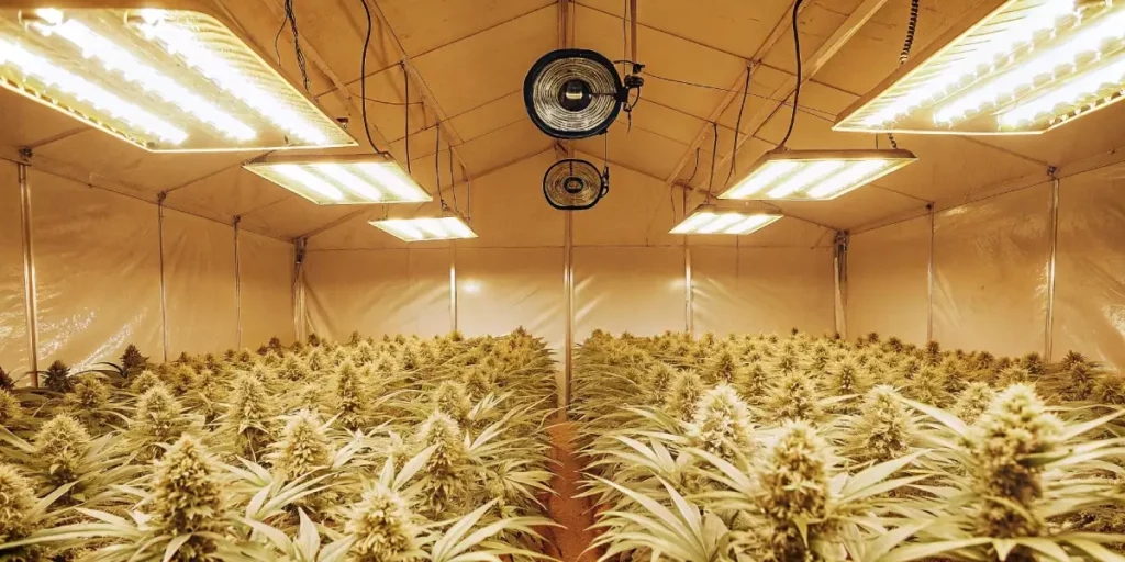 Cannabis plants in an indoor grow tent with yellow horticultural lighting.