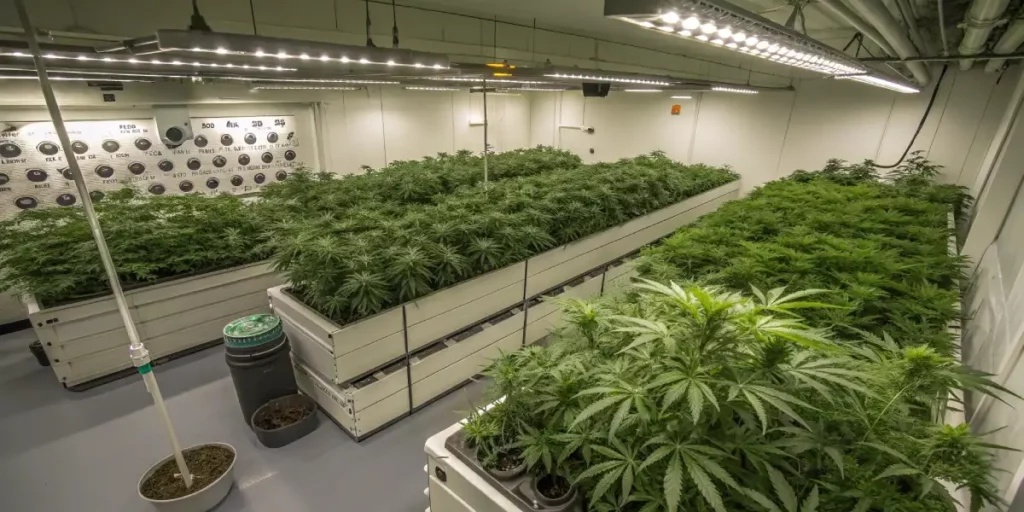 Overhead view of a modern indoor cannabis grow room with dense green plants.