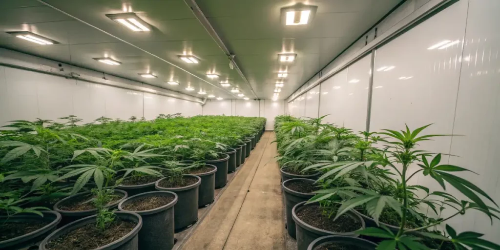 indoor cannabis grow room with rows of plants under LED lights