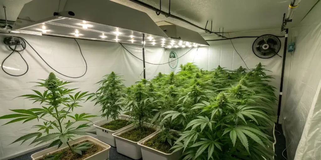 cannabis plants under LED grow lights in an indoor grow room