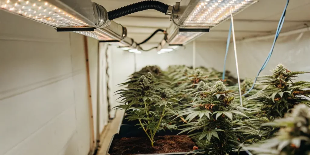 indoor cannabis grow tent with LED lighting and young plants