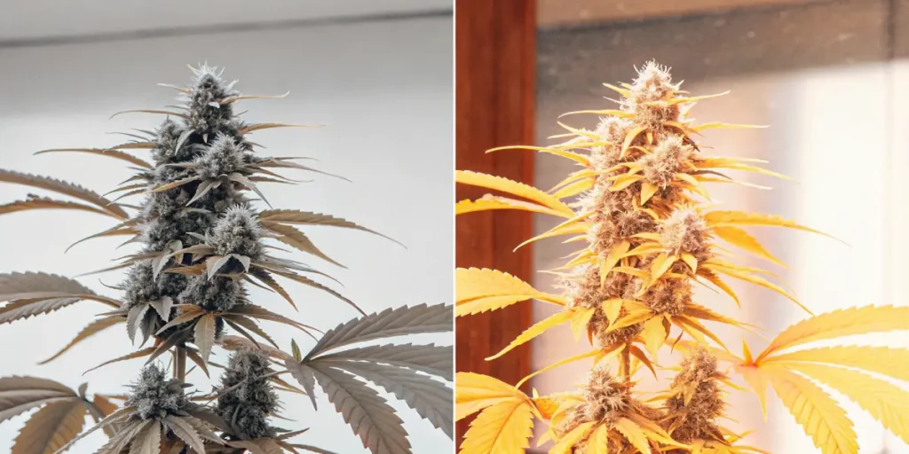 Indoor cannabis grow tent with a single young plant under a ventilation fan.