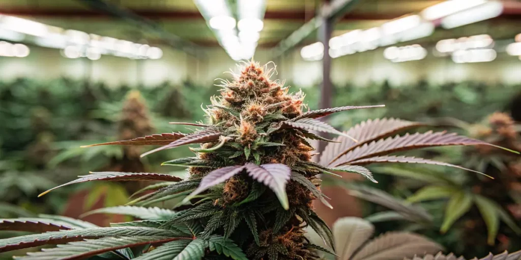 Close-up of a mature cannabis cola with vibrant orange pistils under greenhouse LED lights.