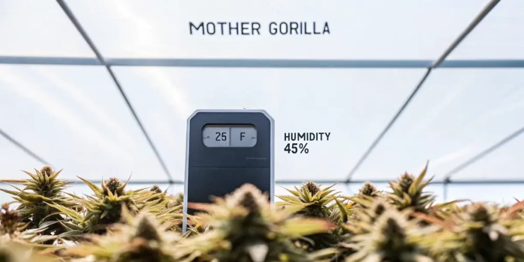 Hygrometer/thermometer reading 25 °F and 45 % humidity above a sea of “Mother Gorilla” cannabis colas under LED lights.
