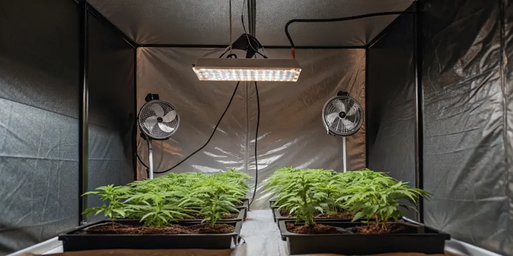 indoor cannabis grow tent setup with LED lights and fans