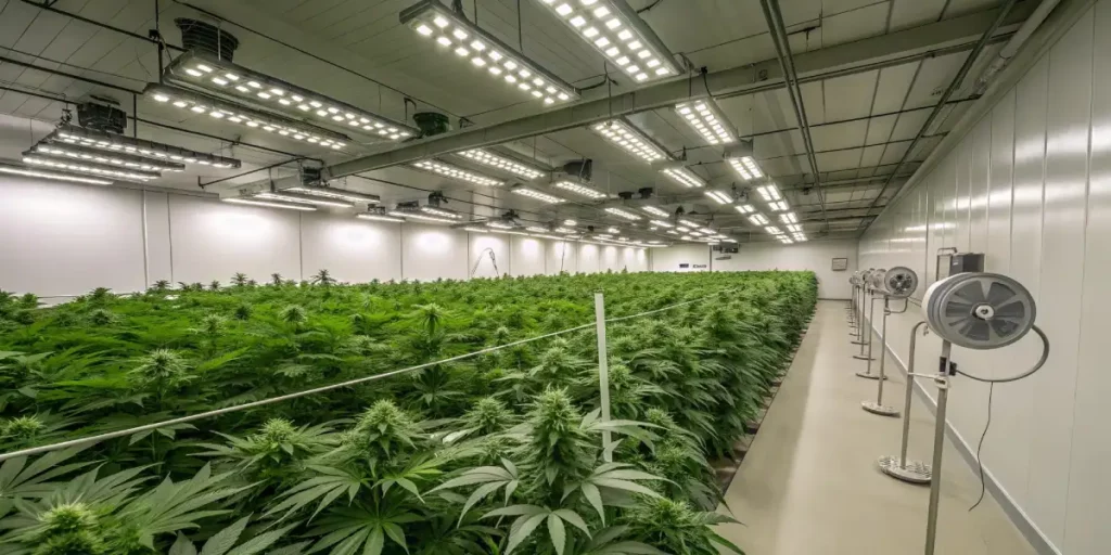 Indoor cannabis grow room with rows of plants under LED lights