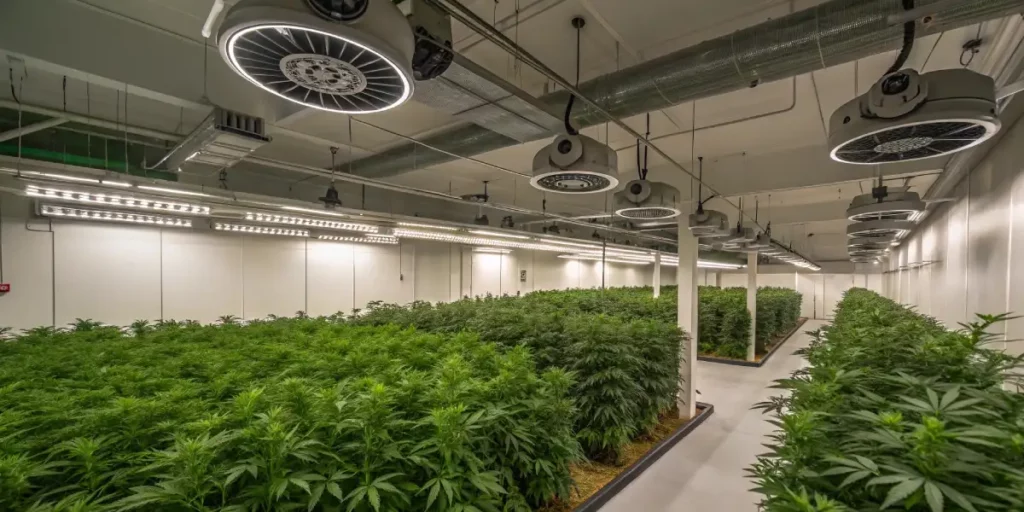 Modern cannabis grow room with ventilation systems and overhead lighting