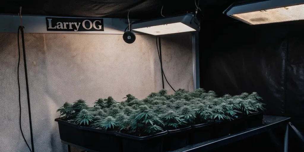 : Larry OG cannabis plants growing in a small indoor tent with focused lighting
